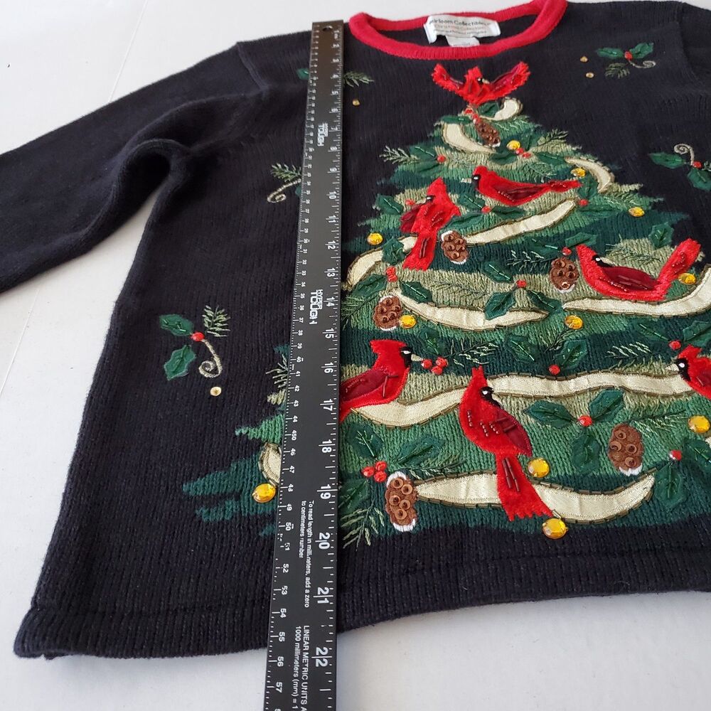 VNTG Christmas Sweater Embellished Tree Red Cardinals Heirloom Collectibles Sz L - Picture 5 of 7